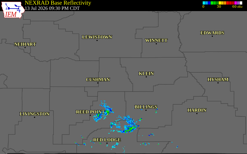 NEXRAD radar during the Monday, July 13, 2026 storm activity in Golden Valley County, Montana