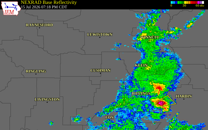 NEXRAD radar during the Wednesday, July 15, 2026 storm activity in Golden Valley County, Montana