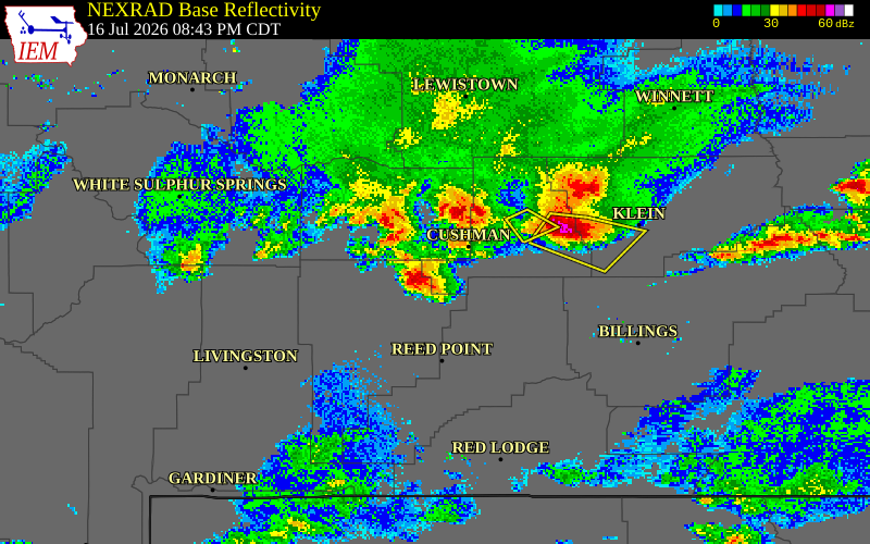 NEXRAD radar during the Thursday, July 16, 2026 storm activity in Golden Valley County, Montana