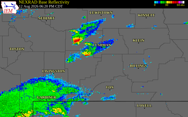 NEXRAD radar during the Wednesday, August 12, 2026 storm activity in Golden Valley County, Montana