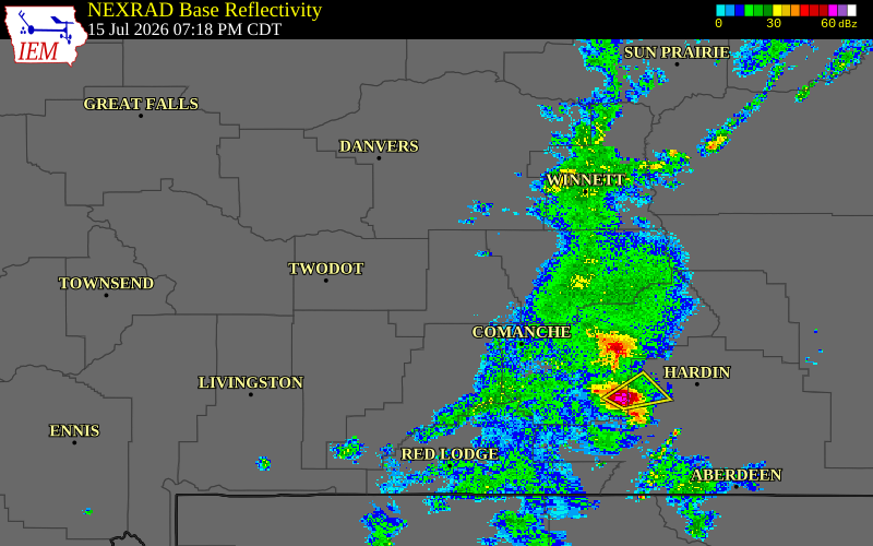 Radar snapshot during the Jul 15, 2026 hail event near 8 NNW Franklin, Golden Valley County, Montana, with NWS warning polygons