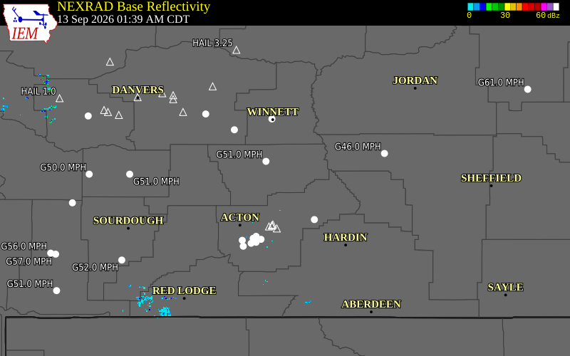 Current NEXRAD radar over Golden Valley County, Montana with recent storm report locations