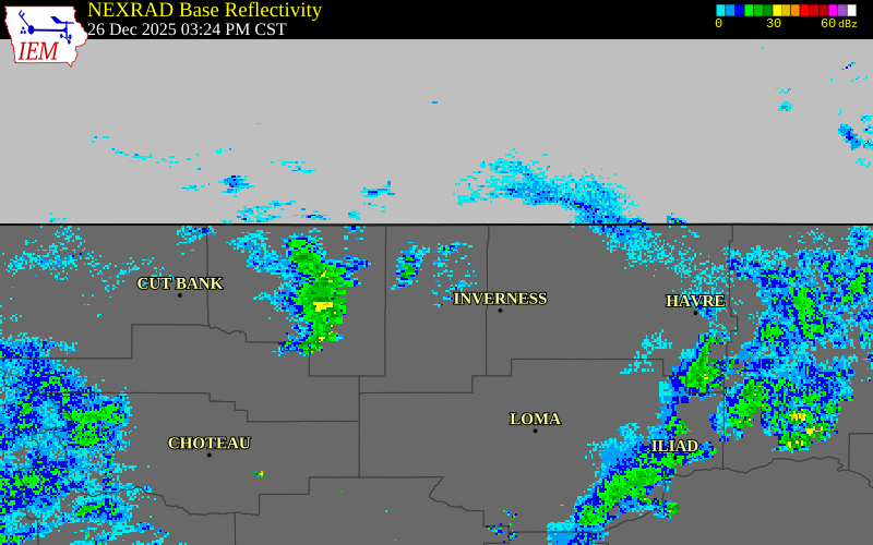NEXRAD radar during the Friday, December 26, 2025 storm activity in Hill County, Montana