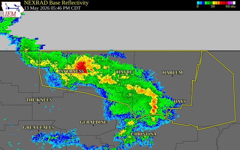 NEXRAD radar during the Wednesday, May 13, 2026 storm activity in Hill County, Montana