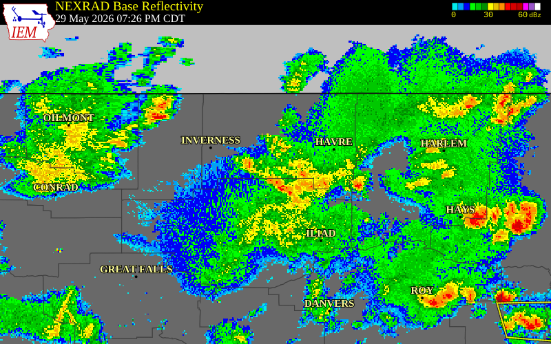 NEXRAD radar during the Friday, May 29, 2026 storm activity in Hill County, Montana
