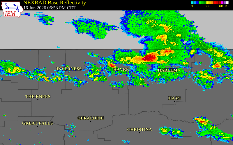 NEXRAD radar during the Tuesday, June 16, 2026 storm activity in Hill County, Montana