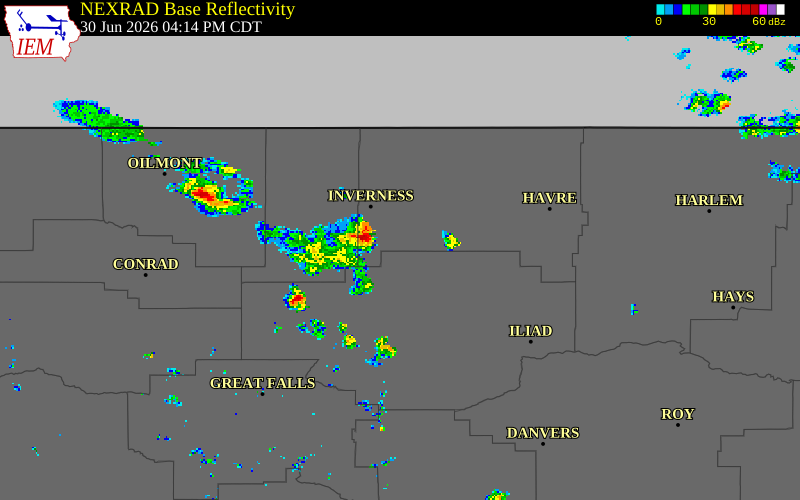 NEXRAD radar during the Tuesday, June 30, 2026 storm activity in Hill County, Montana