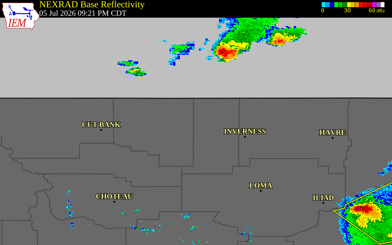 NEXRAD radar during the Sunday, July 5, 2026 storm activity in Hill County, Montana