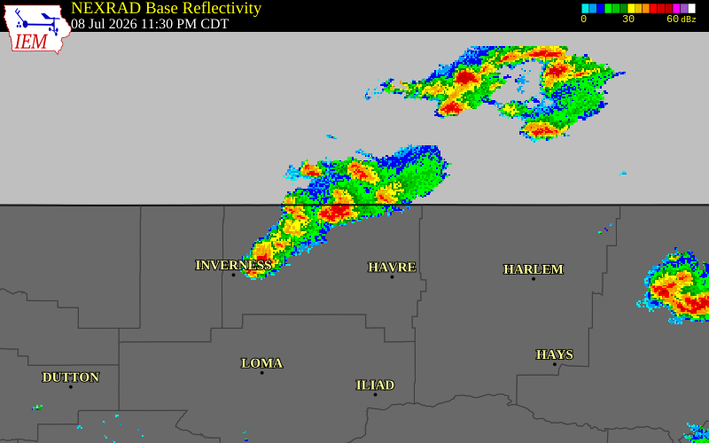 NEXRAD radar during the Wednesday, July 8, 2026 storm activity in Hill County, Montana