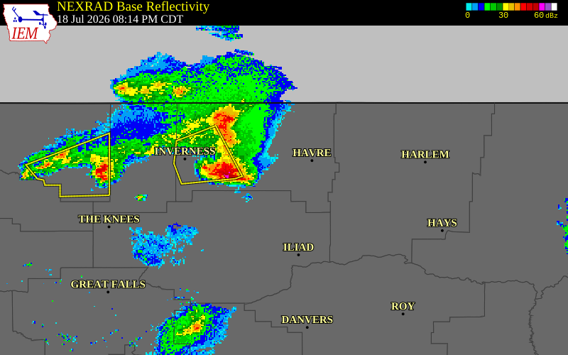 NEXRAD radar during the Saturday, July 18, 2026 storm activity in Hill County, Montana