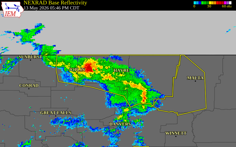 Radar snapshot during the May 13, 2026 wind event near 4 W Havre, Hill County, Montana, with NWS warning polygons