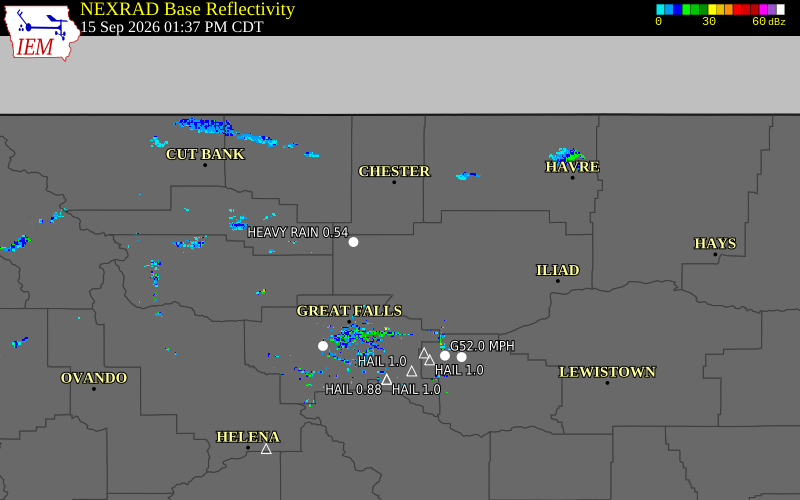 Current NEXRAD radar over Hill County, Montana with recent storm report locations