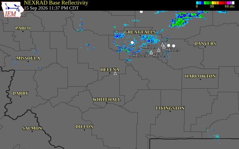 Current NEXRAD radar over Jefferson County, Montana with recent storm report locations