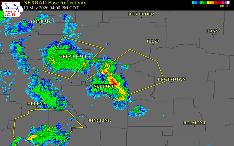 NEXRAD radar during the Wednesday, May 13, 2026 storm activity in Judith Basin County, Montana