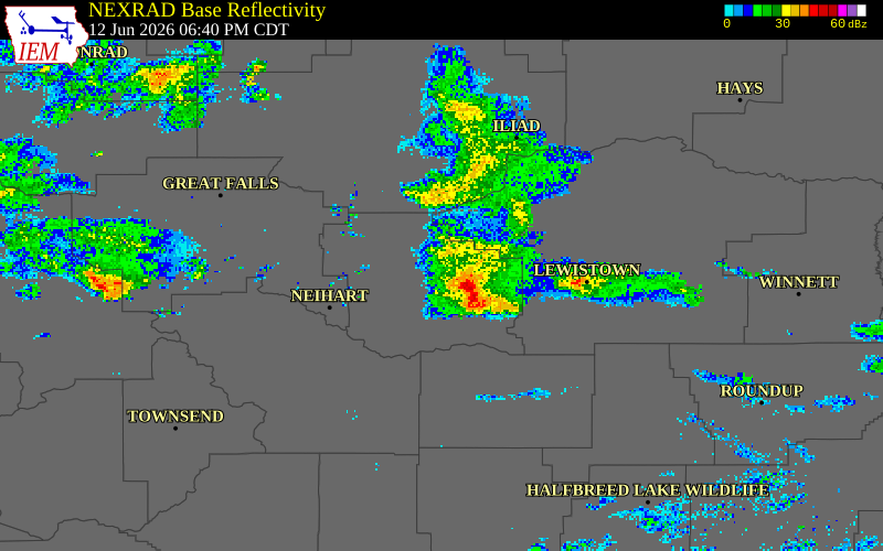 NEXRAD radar during the Friday, June 12, 2026 storm activity in Judith Basin County, Montana