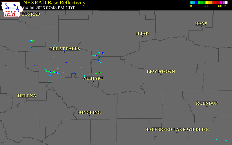 NEXRAD radar during the Saturday, July 4, 2026 storm activity in Judith Basin County, Montana