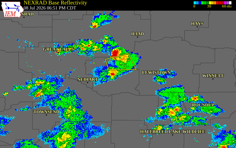 NEXRAD radar during the Wednesday, July 8, 2026 storm activity in Judith Basin County, Montana
