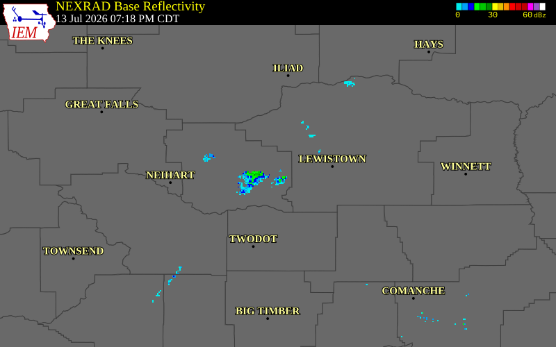 NEXRAD radar during the Monday, July 13, 2026 storm activity in Judith Basin County, Montana