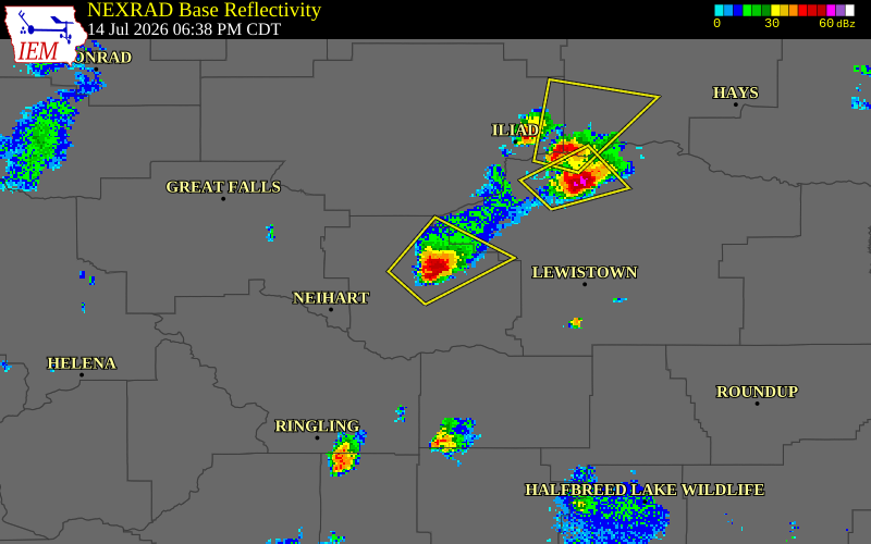 NEXRAD radar during the Tuesday, July 14, 2026 storm activity in Judith Basin County, Montana