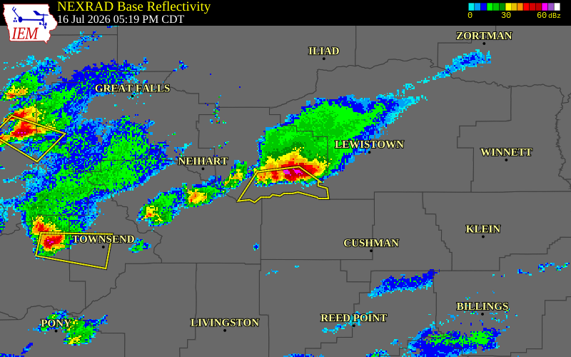 NEXRAD radar during the Thursday, July 16, 2026 storm activity in Judith Basin County, Montana