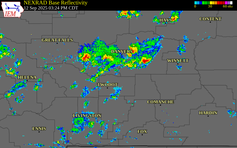 Radar snapshot during the Jul 13, 2026 hail event near 1 N Hobson, Judith Basin County, Montana, with NWS warning polygons