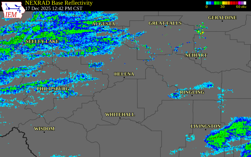 NEXRAD radar during the Wednesday, December 17, 2025 storm activity in Lewis and Clark County, Montana