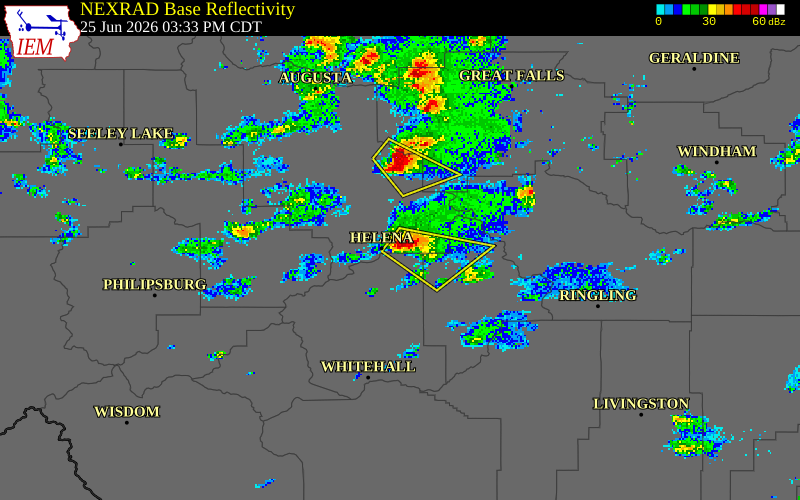 NEXRAD radar during the Thursday, June 25, 2026 storm activity in Lewis and Clark County, Montana