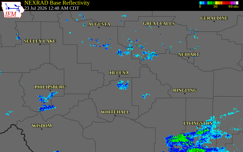 NEXRAD radar during the Wednesday, July 22, 2026 storm activity in Lewis and Clark County, Montana