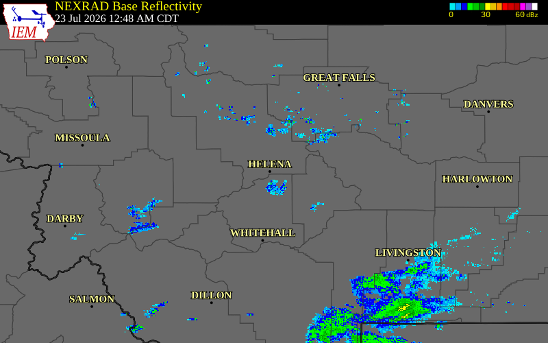 Radar snapshot during the Jul 22, 2026 wind event near 2 E Helena, Lewis and Clark County, Montana, with NWS warning polygons