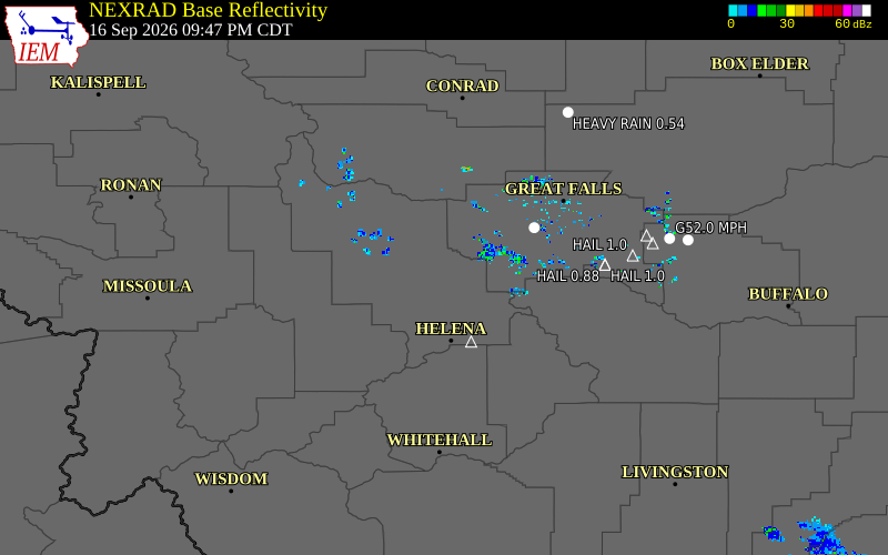 Current NEXRAD radar over Lewis and Clark County, Montana with recent storm report locations
