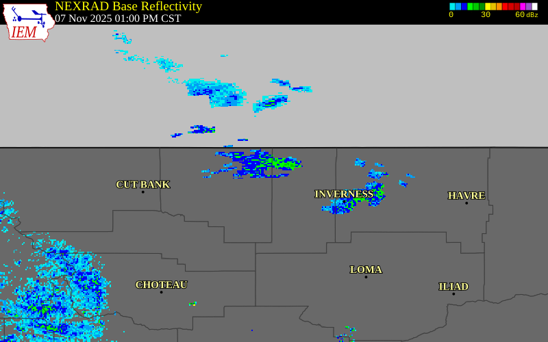 NEXRAD radar during the Friday, November 7, 2025 storm activity in Liberty County, Montana