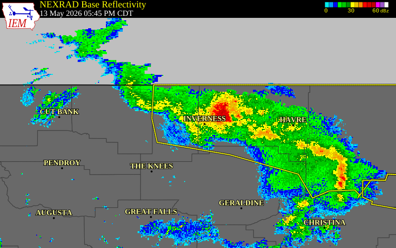 NEXRAD radar during the Wednesday, May 13, 2026 storm activity in Liberty County, Montana