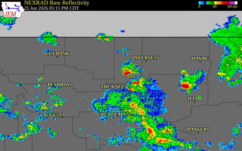 NEXRAD radar during the Thursday, June 25, 2026 storm activity in Liberty County, Montana