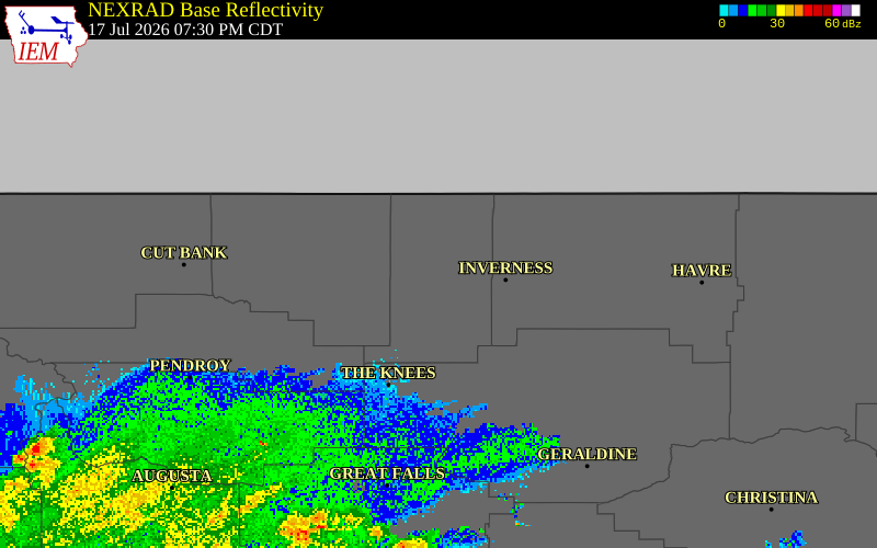 NEXRAD radar during the Friday, July 17, 2026 storm activity in Liberty County, Montana