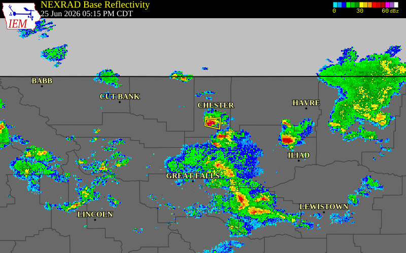 Radar snapshot during the Jun 25, 2026 hail event near 13 SSE Lothair, Liberty County, Montana, with NWS warning polygons