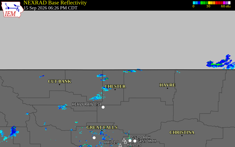 Current NEXRAD radar over Liberty County, Montana with recent storm report locations