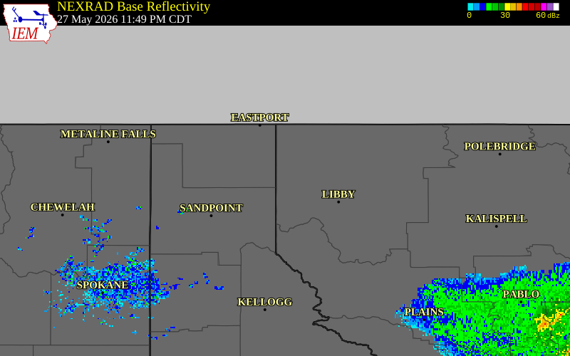 NEXRAD radar during the Wednesday, May 27, 2026 storm activity in Lincoln County, Montana