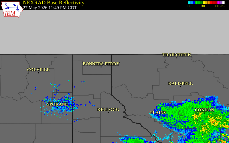 Radar snapshot during the May 27, 2026 wind event near 2 NNW Yakt, Lincoln County, Montana, with NWS warning polygons