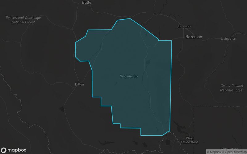 Map of Madison County, Montana showing the county boundary and surrounding cities