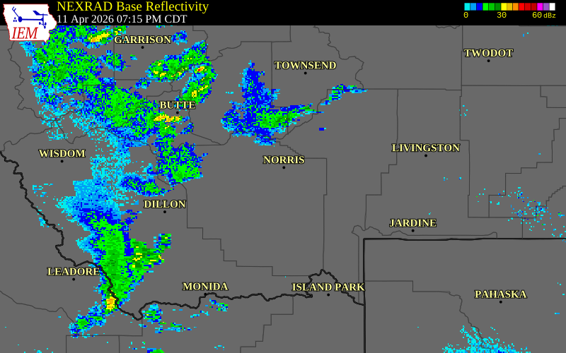 NEXRAD radar during the Saturday, April 11, 2026 storm activity in Madison County, Montana