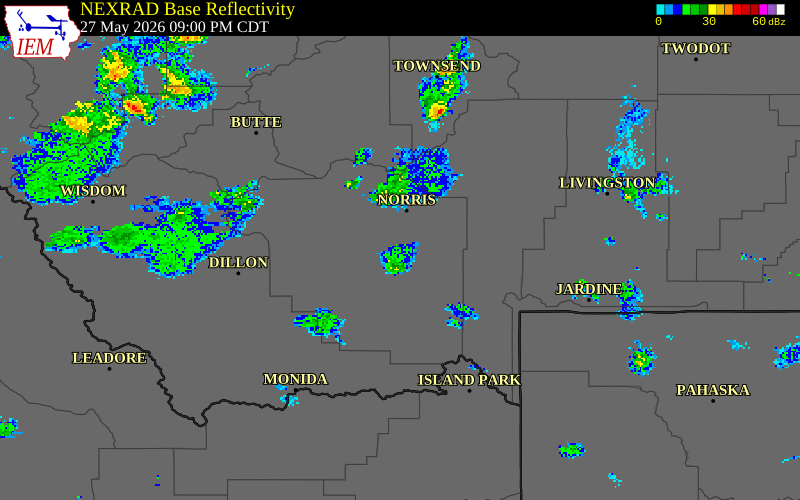 NEXRAD radar during the Wednesday, May 27, 2026 storm activity in Madison County, Montana