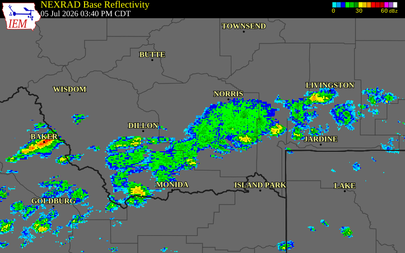 NEXRAD radar during the Sunday, July 5, 2026 storm activity in Madison County, Montana