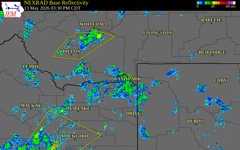 Radar snapshot during the May 13, 2026 wind event near 1 N Raynolds Pass, Madison County, Montana, with NWS warning polygons