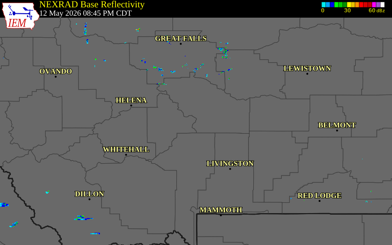 Radar snapshot during the May 12, 2026 wind event near 14 WNW Ringling, Meagher County, Montana, with NWS warning polygons