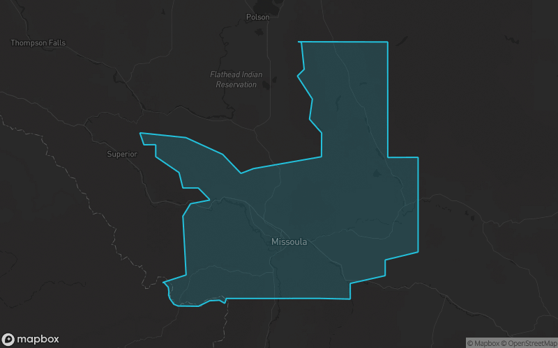Map of Missoula County, Montana showing the county boundary and surrounding cities