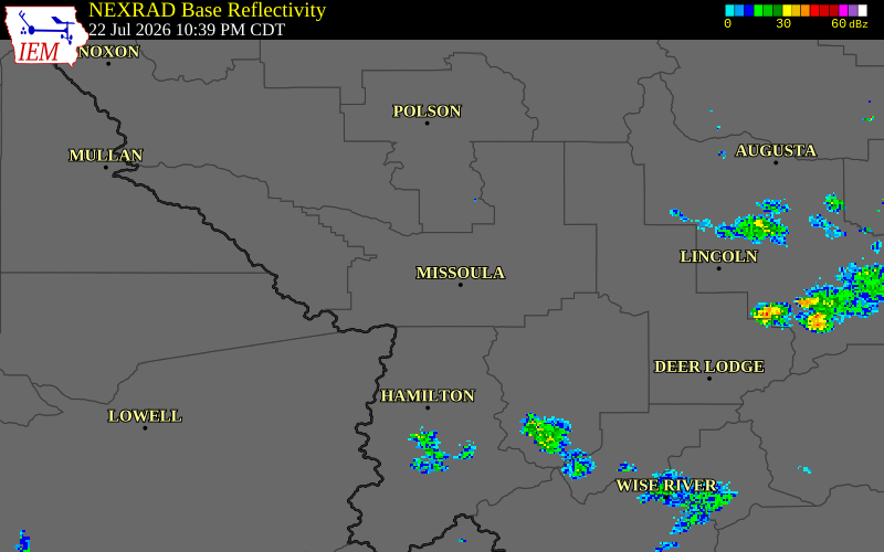 NEXRAD radar during the Wednesday, July 22, 2026 storm activity in Missoula County, Montana