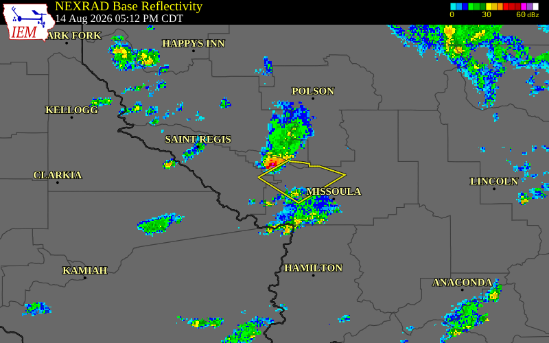 NEXRAD radar during the Friday, August 14, 2026 storm activity in Missoula County, Montana