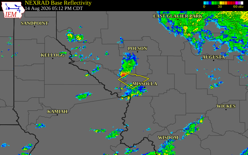 Radar snapshot during the Aug 14, 2026 hail event near 2 SE Stark, Missoula County, Montana, with NWS warning polygons