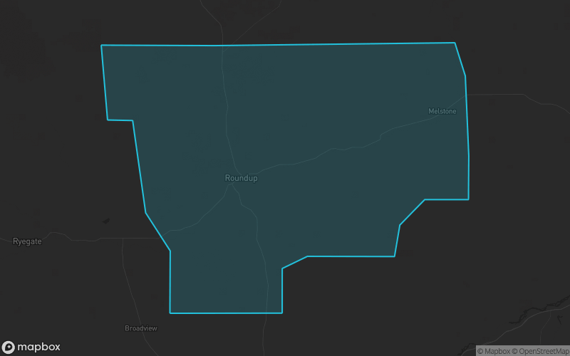 Map of Musselshell County, Montana showing the county boundary and surrounding cities