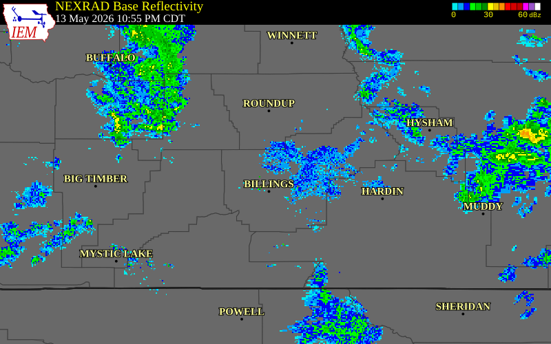 NEXRAD radar during the Wednesday, May 13, 2026 storm activity in Musselshell County, Montana